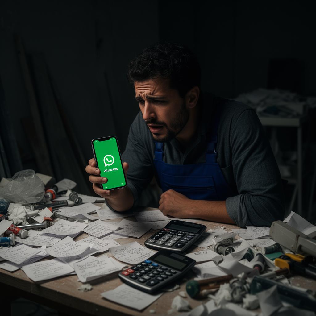 Artigiano stressato circondato da fogli, vocali e WhatsApp